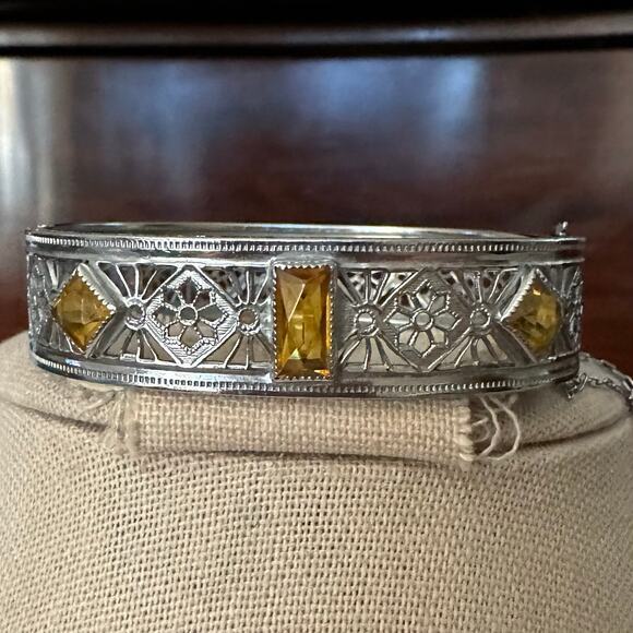 1920’s Nuwite R&G Co Art Deco Yellow Stone Rhodium Plated Hinged Bracelet - Picture 1 of 3